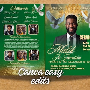 Green & Gold Funeral Program Template: Elegant Memorial (Canva Editable)