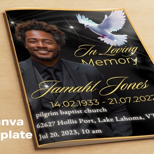 May include: A memorial program with a black background and gold accents. The program features a photo of a smiling man, the text "In Loving Memory," and the name "Jamahl Jones." Additional text includes dates and a church address.