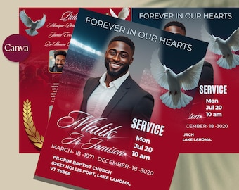 Red & Gold Football Funeral Program: 4-Page Memorial Tribute (Canva Template)
