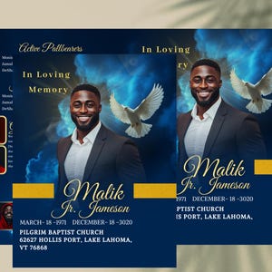 Modelo de programa funerário em azul royal e dourado: livreto de obituário elegante (Canva)
