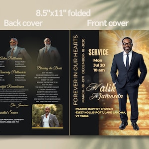 May include: A black and gold funeral programme with a photo of a man in a suit. The programme includes the name "Malik Jameson", the dates "March 18, 1971 - December 18, 3020", and the service information: "Service, Mon Jul 20, 10 am, Pilgrim Baptist Church, 62627 Hollis Port, Lake Lahoma, VT 76868". The back of the programme includes a photo of the man and the text "Forever in Our Hearts".