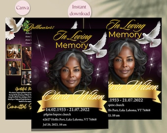 Burgundy & Gold Obituary Template: Celebration of Life Program (Canva, 8.5x11, 4-Page)