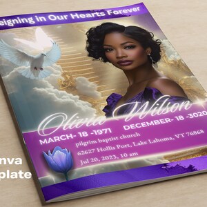 May include: A purple and gold funeral program template with a photo of a woman and the text "Reigning in Our Hearts Forever". The program includes the name "Olivia Wilson", dates "March 18, 1971" and "December 18, 2020", the name of a church, an address, and a date and time for a service.