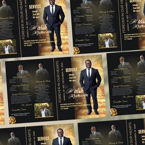 May include: A black and gold funeral programme featuring a photograph of a man in a suit. The programme includes the text "Forever in Our Hearts" and "Malik Jameson". The service date and time are listed as "Mon Jul 20 10 am".