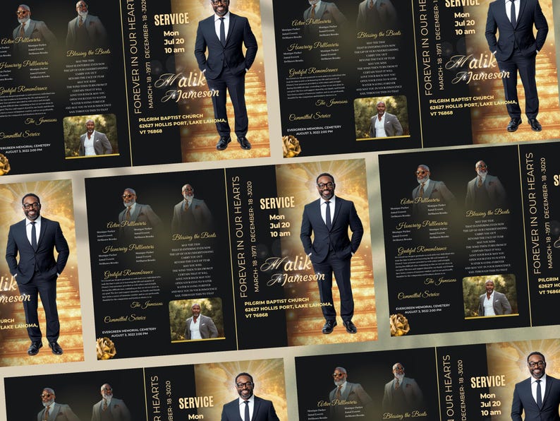 May include: A black and gold funeral programme featuring a photograph of a man in a suit. The programme includes the text "Forever in Our Hearts" and "Malik Jameson". The service date and time are listed as "Mon Jul 20 10 am".