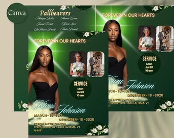 Elegant Green & Gold Funeral Program Template: 4-Page Bifold Canva Design (8.5x11)