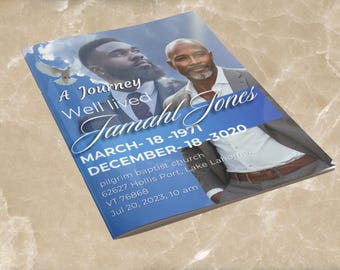 Blue Sky Funeral Program Template: Canva Memorial Keepsake (8.5x11 Bi-Fold, Digital Download