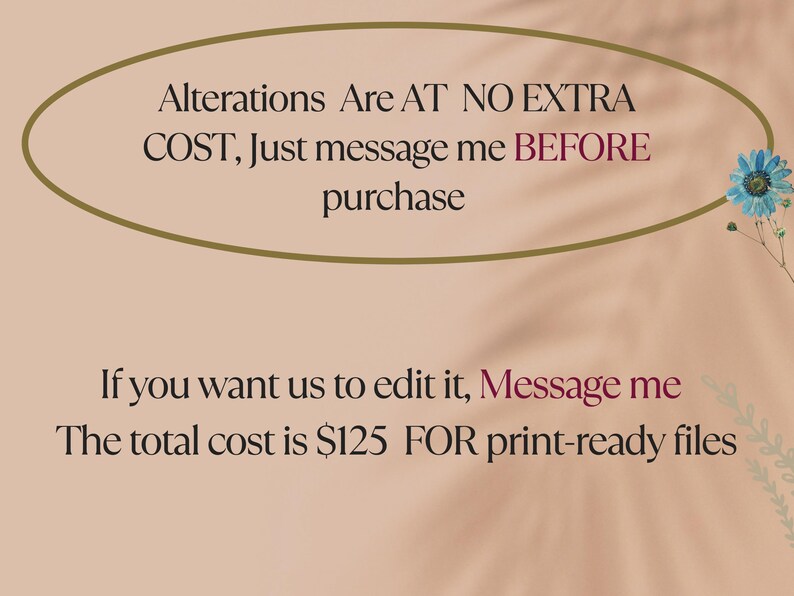 May include: Text on a beige background with a floral design. The text reads: "Alterations Are AT NO EXTRA COST, Just message me BEFORE purchase. If you want us to edit it, Message me. The total cost is &pound;125 FOR print-ready files."