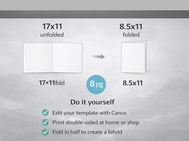 Peut inclure: Sch&eacute;ma montrant la transformation d'une feuille d&eacute;pli&eacute;e de 43,18 cm x 27,94 cm en un livret pli&eacute; de 21,59 cm x 27,94 cm. Instructions : modifier avec Canva, imprimer recto-verso et plier en deux. Le texte "Do it yourself" est &eacute;galement visible.