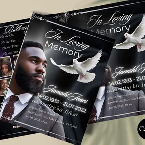 Men&#39;s Funeral Program Template: Black & White Obituary, Celebration of Life (8.5x11, Canva, 4 Pages)