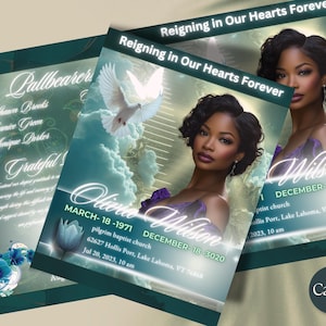 8.5&quot;X11&quot; BIFOLD FUNERAL PROGRAM, Green Elegant Obituary, Memorial Service, Obituary For Women, Editable Canva Template, Keepsake, 8 pages