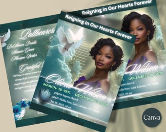 Green Funeral Program Template: Elegant Memorial Obituary (Canva Editable, 8.5x11 Bifold)