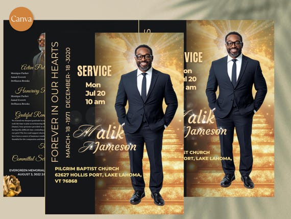 Black & Gold Obituary Template: 8-Page Funeral Program (Canva Template)