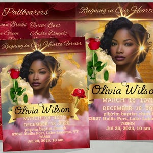 Modello di NECROLOGIO ROSSO e ORO 8 pagine 8,5"x11" Programma di fiori per donne / Celebrazione della vita / Ricordo / Download digitale / Modello Canva