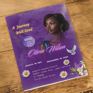 Purple Floral Obituary Template: 8-Page Bi-Fold Funeral Program (Canva Editable)