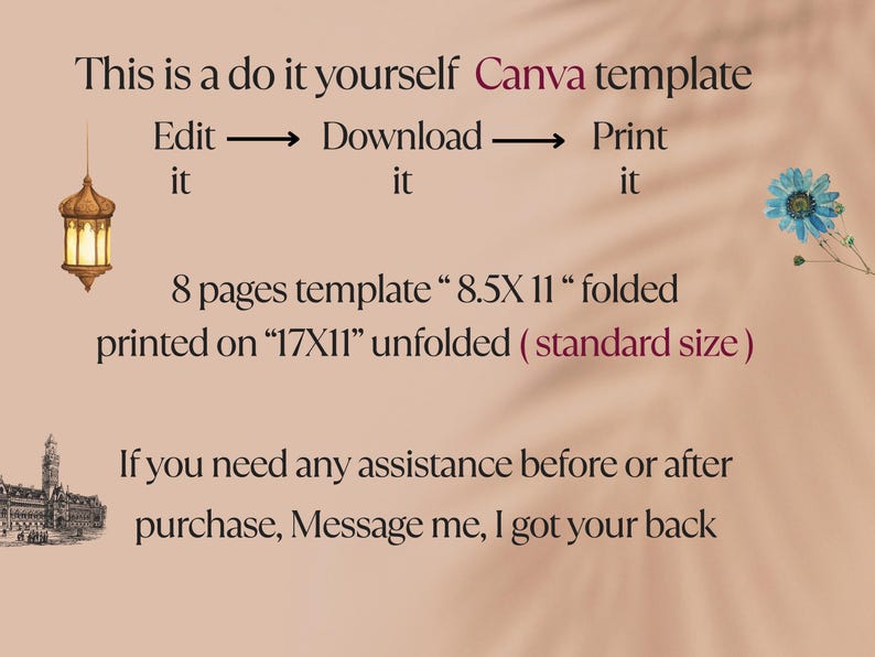May include: A digital template for an 8-page booklet, designed to be edited and printed using Canva. The template is 8.5 inches by 11 inches when folded and 17 inches by 11 inches when unfolded. The text on the image reads "This is a do it yourself Canva template. Edit it, Download it, Print it. 8 pages template "8.5X 11" folded printed on "17X11" unfolded (standard size). If you need any assistance before or after purchase, Message me, I got your back."