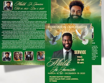 Green & Gold Funeral Program Template: Elegant Obituary (Canva Editable)