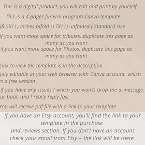 May include: A text-based image listing the features of a digital funeral program Canva template. The template is 4 pages long and is fully editable. The image also includes instructions on how to access the template and how to contact the seller if you have any questions.