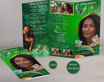 Green Floral Funeral Program: Trifold Memorial Template (Canva Digital)