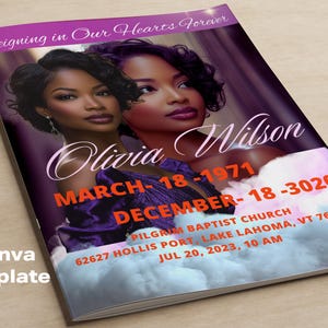 May include: A memorial service announcement for Olivia Wilson. The announcement features a photo of two women, the text "Reigning in Our Hearts Forever", and details about the service, including the date, time, and location.