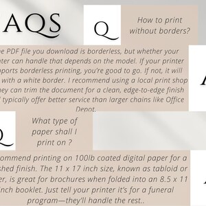 May include: FAQs about printing a PDF file. The text explains that the PDF file is borderless, but the printer may require a white border. It recommends using a local print shop for a clean, edge-to-edge finish. The text also recommends using 100lb coated digital paper for a polished finish. The paper size is 11 x 17 inches, known as tabloid or ledger, and is great for brochures when folded into an 8.5 x 11 inch booklet.