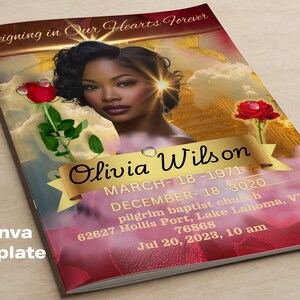 May include: A red and gold funeral program with a photo of a woman and the text "Reigning in Our Hearts Forever". The program includes the name "Olivia Wilson", dates of birth and death, and information about a memorial service at a church in Lake Lahoma, VT.