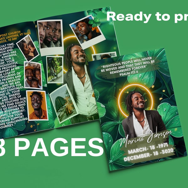 Memorial program 8 Pages Green 8.5"x11: Personalized /  Ready /Obituary / Magazine Cover - Celebration of Life - Keepsake - Canva Template