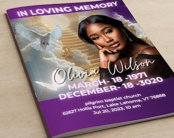 8.5"X11" BIFOLD FUNERAL PROGRAM, Purple heaven obituary, Memorial service, Obituary For women, Editable Canva Template, Keepsake, 8 pages
