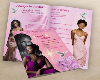 Pink Template: Women's Funeral Program, Celebration of Life (Canva Template, 8.5"x11")8 pages