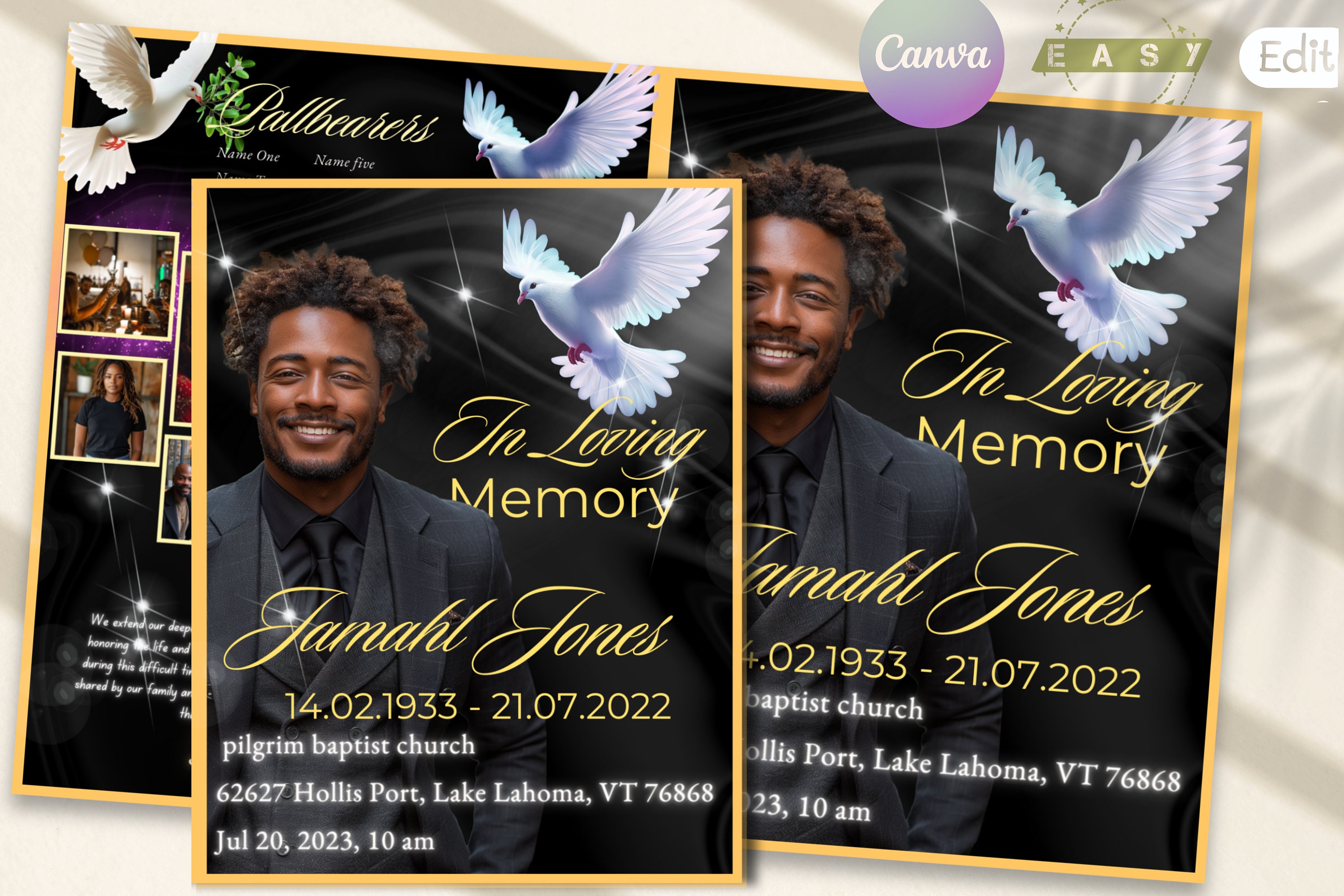 Plantilla elegante de programa de obituario en negro: Celebración de la vida (Canva, 8,5 x 11, 8 páginas)