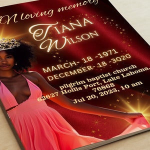 Programma FUNERALE 8 pagine DONNA ROSSA 8,5"x11: personalizzato/modello necrologio/copertina rivista, celebrazione della vita - ricordo - modello Canva