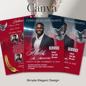 May include: A set of three red memorial service flyers. Each flyer features a photo of a man, a dove, and the text "Forever in Our Hearts." The flyers include service details and the name "Malik Jr. Jamison."