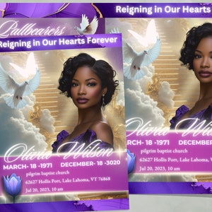 May include: A purple and gold funeral announcement with a photo of Olivia Wilson. The announcement includes the text "Reigning in Our Hearts Forever" and the dates "March 18, 1971" and "December 18, 2020".