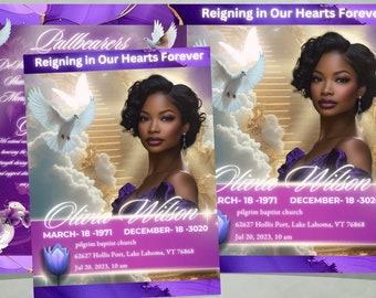 8.5"X11" BIFOLD FUNERAL PROGRAM, Purple Elegant Obituary, Memorial Service, Obituary For Women, Editable Canva Template, Keepsake, 8 pages