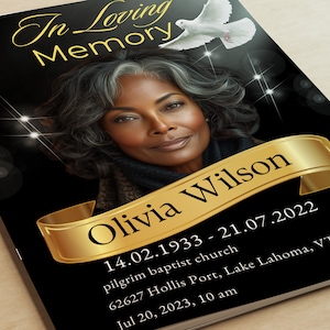 Programma FUNERALE NERO e ORO 8 pagine 8,5"x11: Donna / Programma commemorativo / Copertina della rivista, Celebrazione della vita / - Modello / Programma funebre,
