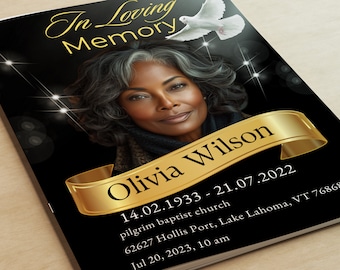 Black & Gold Funeral Program Template: 8-Page Memorial (8.5x11) (Canva)