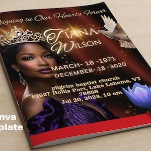 Elegante programma funebre rosso e oro – Programma funebre modificabile di 8 pagine per donna/Celebrazione della vita Ricordo/Download digitale Canva/canva