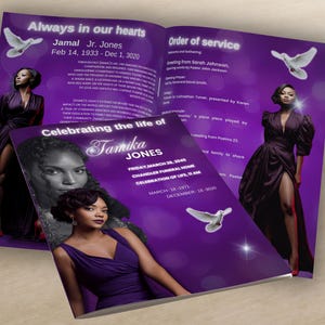 May include: A purple funeral program with the text "Always in our hearts" and "Celebrating the life of Tamika Jones." The program features images of a woman in a purple dress and white doves. The program includes dates and an order of service.