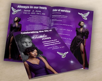 Purple Sparkling Obituary Template: Celebration of Life, Funeral Program (8.5x11 Canva, 8 Pages)