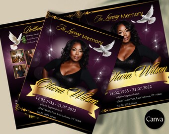 Burgundy Shimmer Funeral Program Template: Editable Canva Memorial Keepsake (PDF Download)