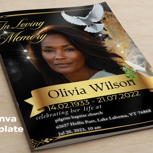 Modello FUNERALE NERO e ORO 4 pagine 8,5"x11: Donna/Programma commemorativo/ Copertina di una rivista, Celebrazione della vita/ Modello/Programma funebre,