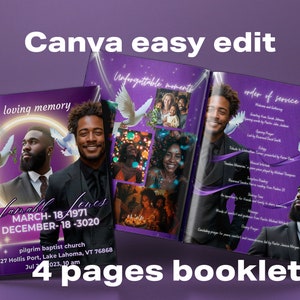 Programma FUNERALE 4 pagine UOMO scintilla VIOLA 8,5"x11: personalizzato, modello di necrologio/copertina di rivista, modello di tela per la celebrazione della vita