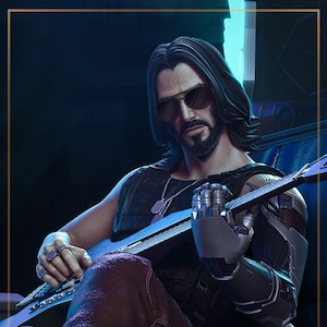 May include: A man with long black hair and a beard is wearing sunglasses and a black vest. He is sitting in a chair and playing a black electric guitar with a silver robotic arm.