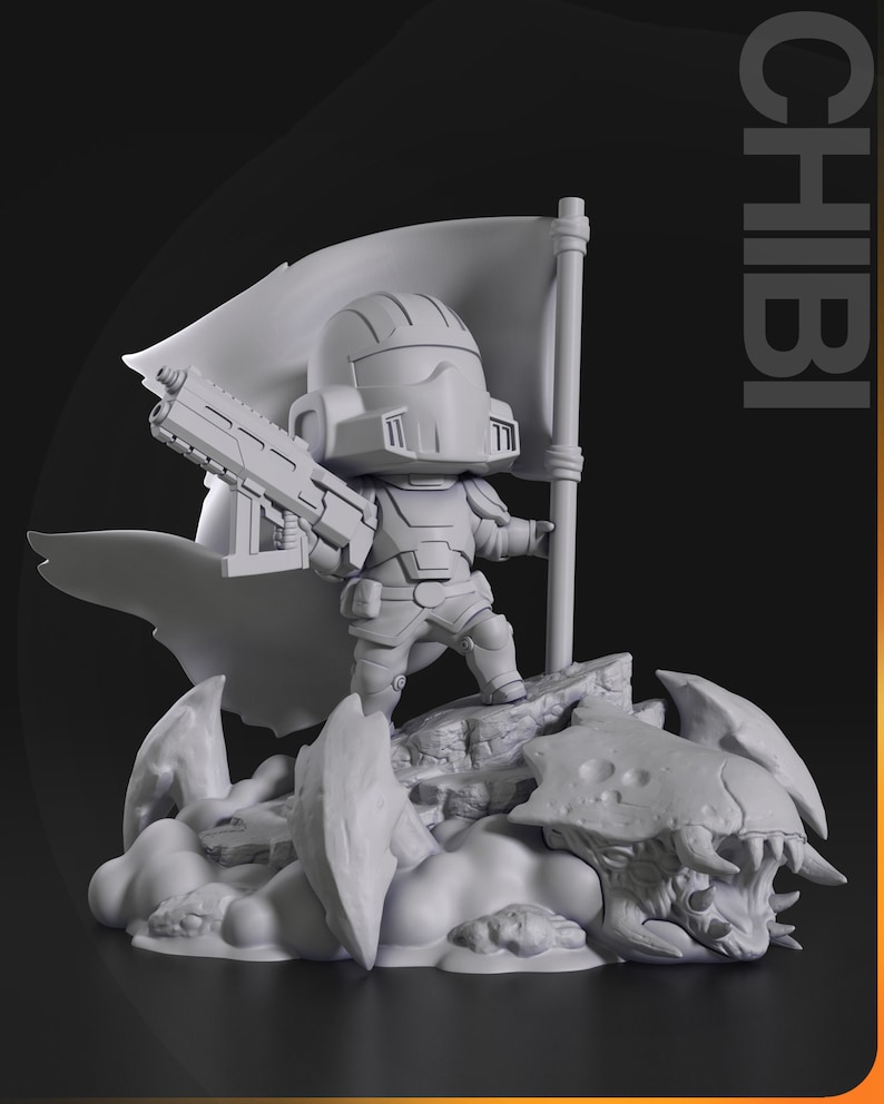 May include: A grey 3D printed figurine of a chibi character holding a flag and a gun, standing on a rock formation with a monster underneath. The figurine is labelled "CHIBI".