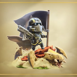 Pode incluir: Uma pequena figura de soldado espacial preto e amarelo segurando uma arma e uma bandeira preta, em pé sobre uma base bege, rochosa e texturizada.