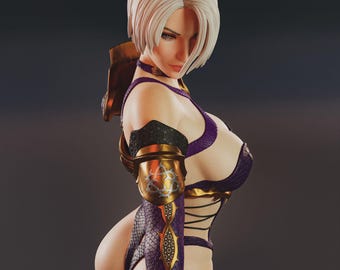May include: A woman with short, white hair is wearing a purple and gold costume with a scaly texture. The costume has a low-cut neckline and a high-cut leg opening. The woman is looking at the camera with a serious expression.