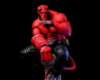 May include: A red, muscular figure with horns sits with one arm crossed over the other, holding a cigarette in its hand. The figure is wearing black pants and a belt with a silver buckle. The figure is sitting on a stone base with a red tail extending behind it.