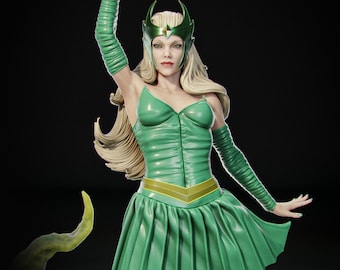 May include: A green and gold costume with a star on the forehead. The figure is wearing a green dress with a gold belt and green gloves. The figure is standing on a green and black background.