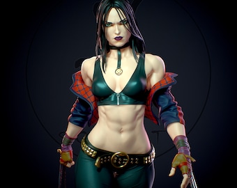 May include: A female figure with long black hair, wearing a green leather top, a red and black patterned jacket, and green pants with a studded belt. She is holding a silver blade in her right hand.