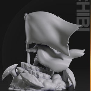 May include: A grey 3D printed figurine of a character holding a flag, standing on a rocky base. The character is wearing a cape that is flowing behind them. The figurine is labelled "CHIBI" on the right side.
